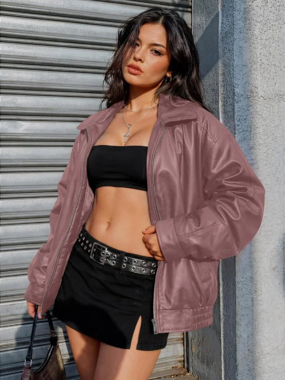 Women's Pink Oversized Faux Leather Loose Weight Fall Winter Outerwear Jacket